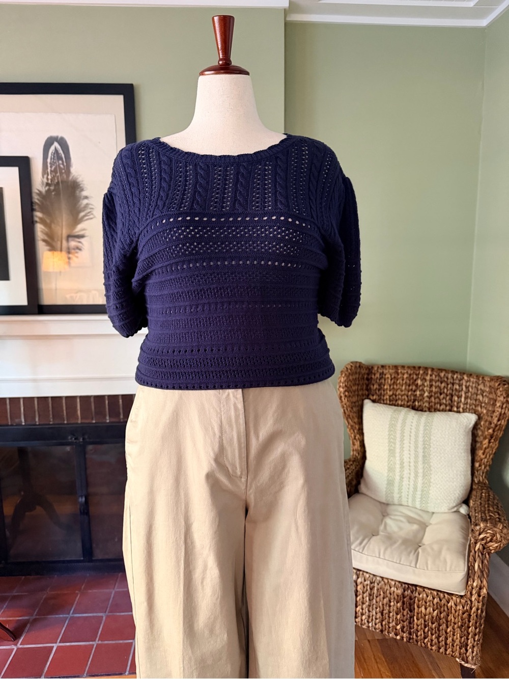 Draper James Navy Pointelle Cable Knit Short Sleeve Sweater - Size XL